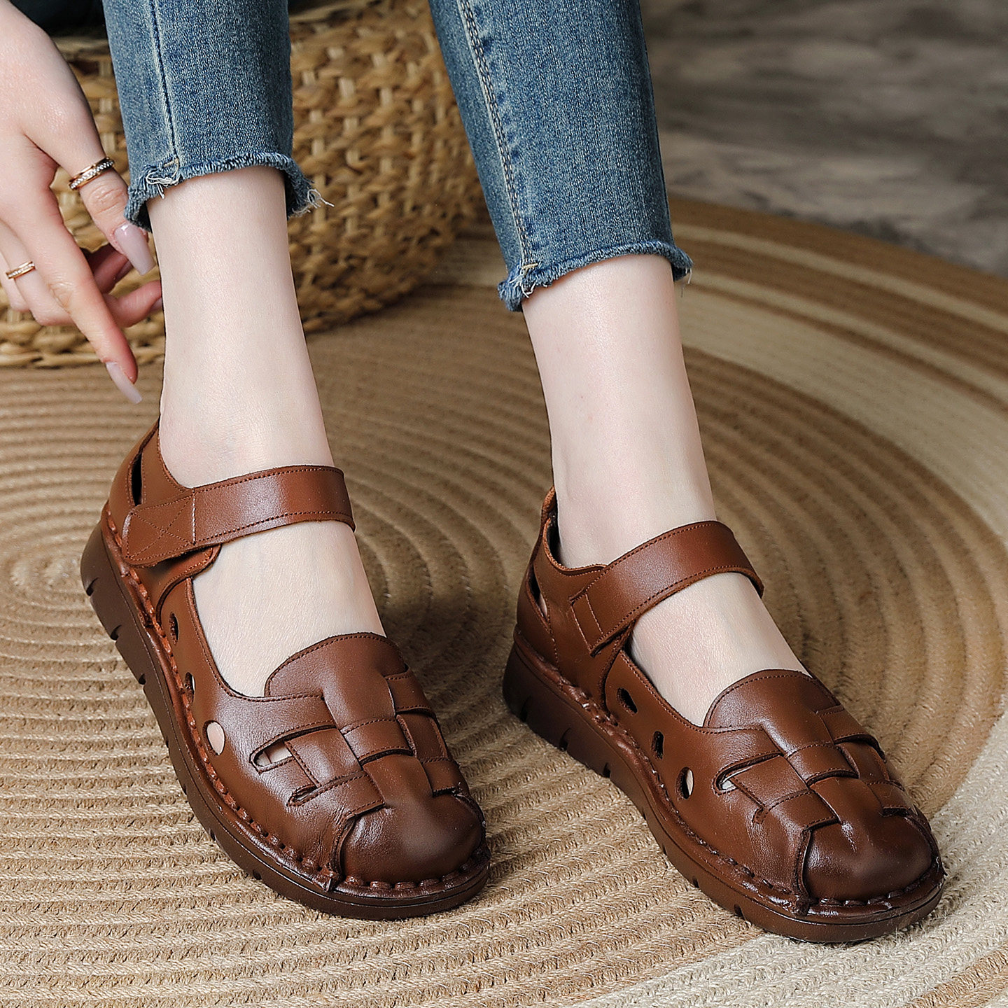 头层牛皮夏季新款软底复古编织真皮防滑妈妈鞋松糕厚底罗马凉鞋女,女鞋,罗马凉鞋,淘宝优惠券,粉丝福利购,淘宝优惠卷