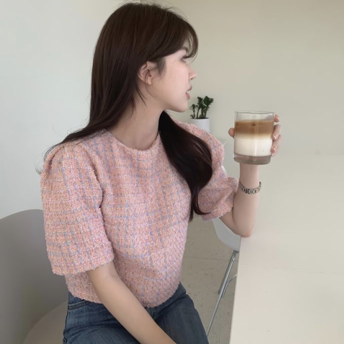 Korean chic tweed round neck lace up top