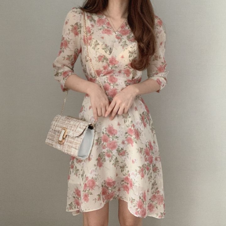 Guima girl summer romantic flower V-neck medium Sleeve Dress Chiffon Skirt