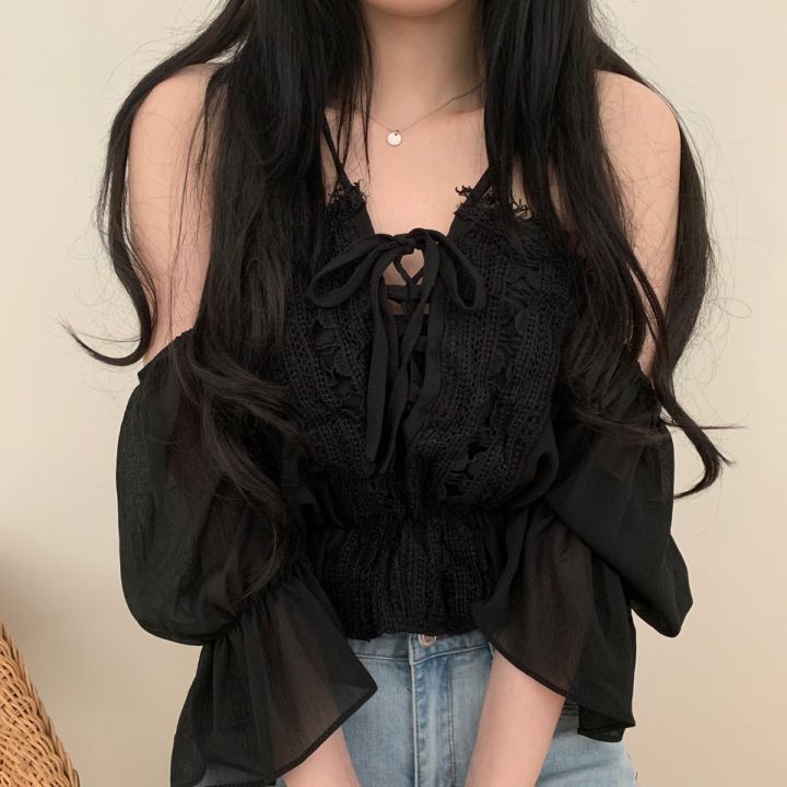 Guima girl lace splicing sling sexy V-neck flared sleeve top