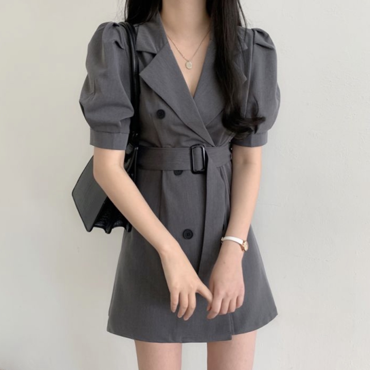 Ghost horse girl's Lapel windbreaker double breasted BELT DRESS