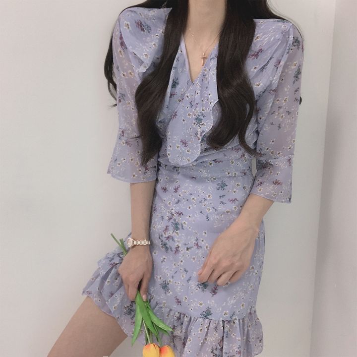 鬼馬系少女 荷葉領 碎花 半袖雪紡連衣裙