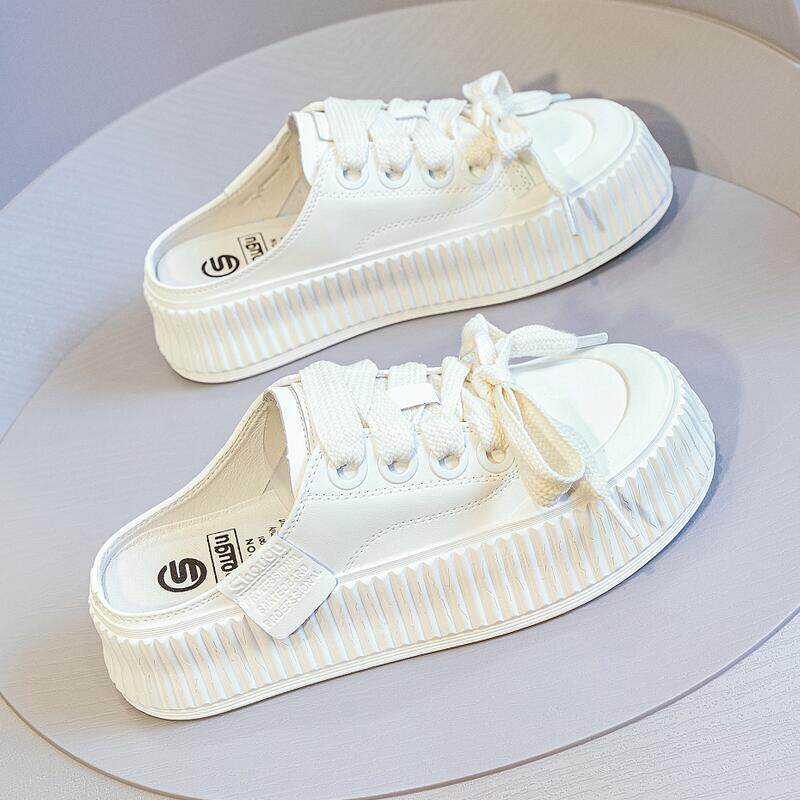 首谷包头半拖鞋女2023新款春夏百搭无后跟懒人真皮厚底饼干小白鞋