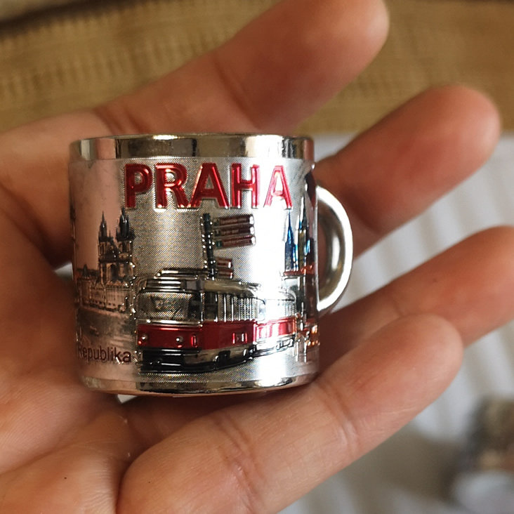 CZECH LOCALS BROUGHT BACK PRAGUE LASER METAL FRIDGE MAGNET IN THE SHAPE OF A SMALL CUP
