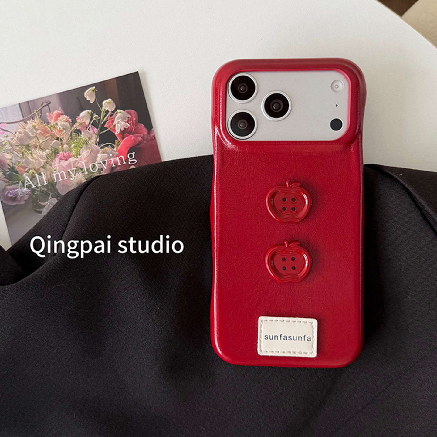 适用苹果手机壳皮质红色立体纽扣