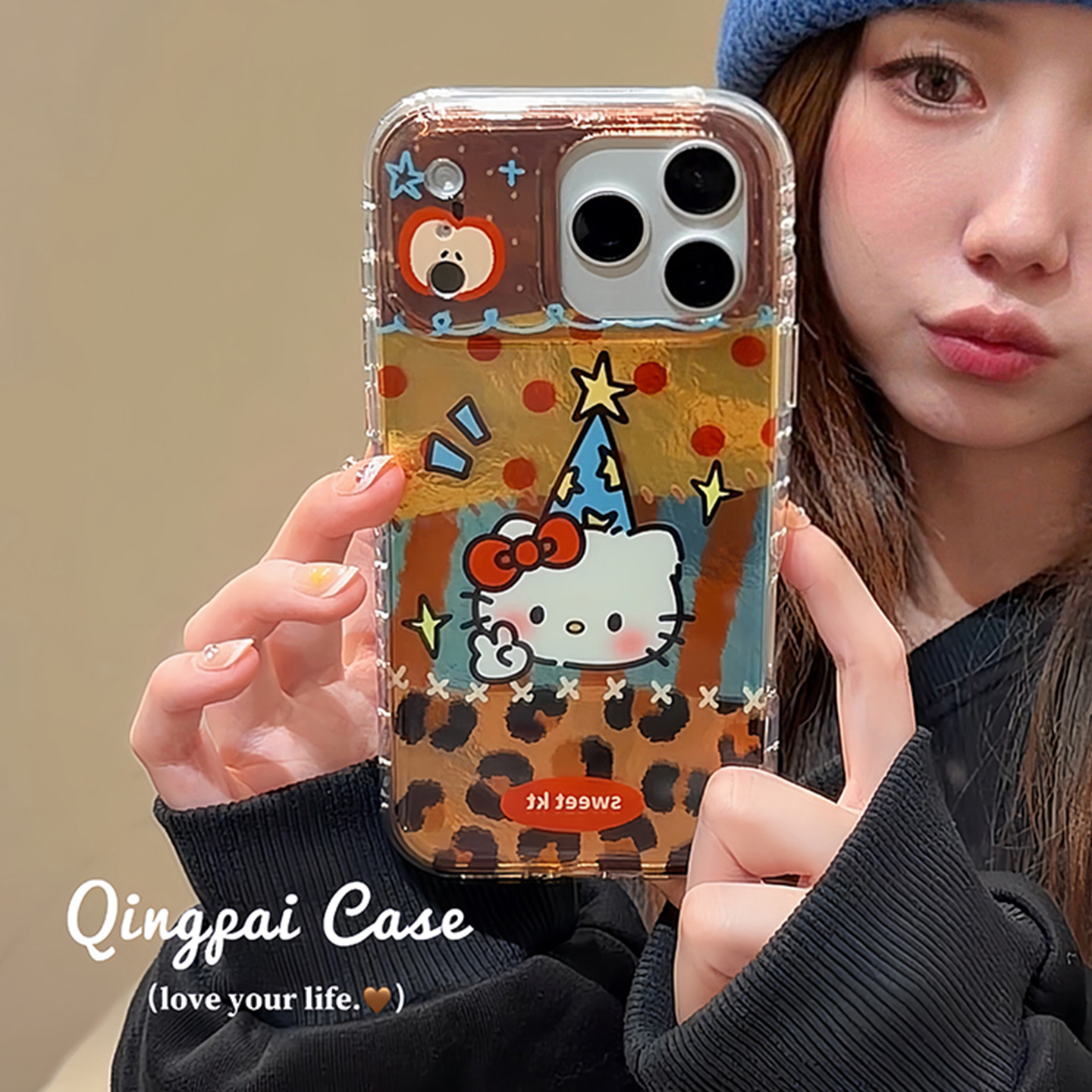 轻派秋冬季棕色豹纹拼接涂鸦猫咪适用苹果17promax手机壳iphone16pro新款15女款14个性卡通13双层壳全包硬壳