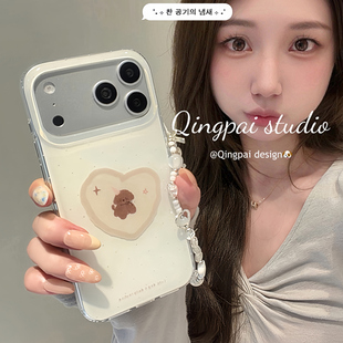 轻派ins风简约白色爱心小狗带链条适用苹果17promax手机壳iphone16pro新款 14韩系小众双层壳13全包硬壳 15女款
