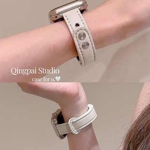 轻派适用苹果iwatch手表表带皮质纯色纽扣女款 s10腕带 ultra2新款