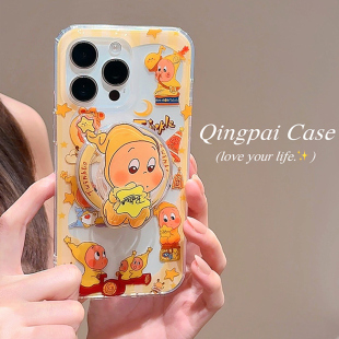 趣味卡通双层壳全包硬壳 14网红款 轻派透明黄色星星人磁吸支架适用苹果16promax手机壳iphone13新款 15pro女款