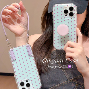 轻派ins风韩系紫色波点支架挂绳适用苹果16promax手机壳iphone17新款 14简约小众13纯色双层全包硬壳 15pro女款