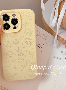 轻派奶黄色满屏猫咪适用苹果16promax手机壳iphone13新款15pro女款14液态硅胶12奶乎乎17pro软萌11全包软壳