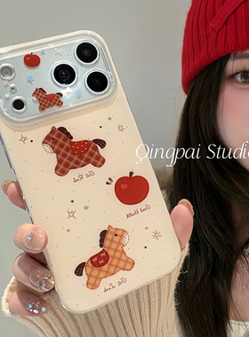 轻派新年卡通红苹果格子小马适用苹果17promax手机壳iphone16pro新款15女款14创意趣味日韩13双层壳全包硬壳