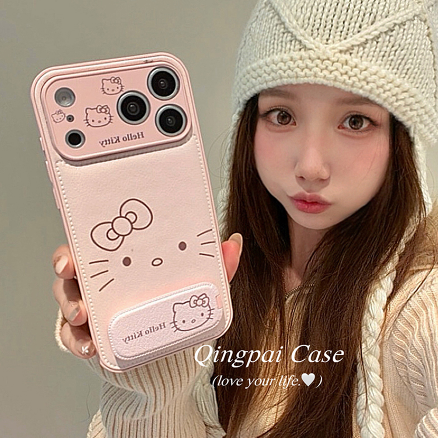 适用苹果手机壳粉色可爱猫咪表情