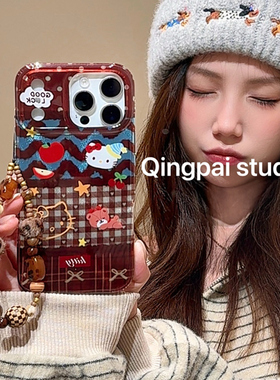 轻派秋冬棕色拼接格纹猫咪带链条适用苹果17promax手机壳iphone16pro新款15女款14复古13创意双层壳全包硬壳