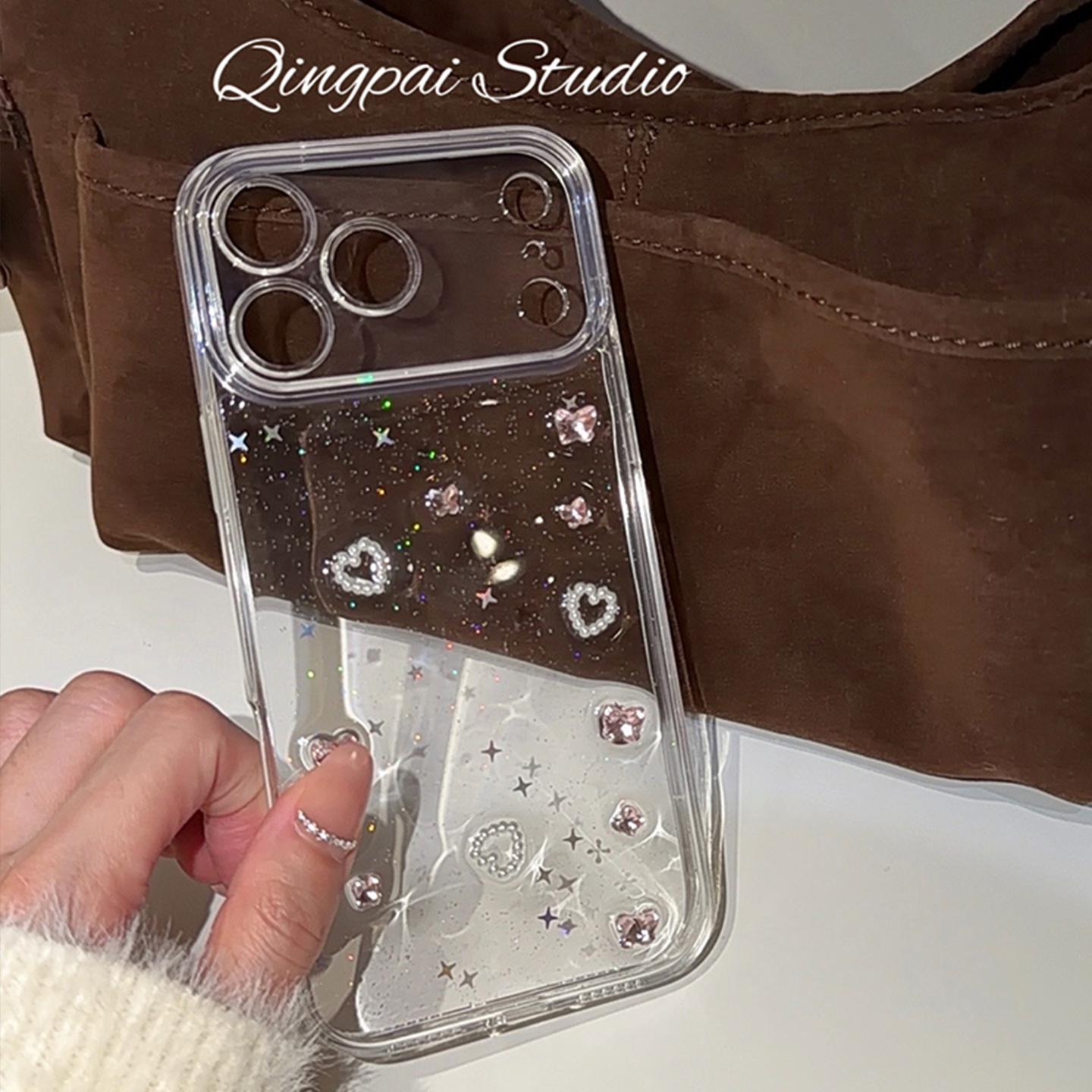 轻派透明滴胶立体水钻爱心适用苹果17promax手机壳iphone16pro新款15女款14简约日韩高颜值公主风13全包硬壳