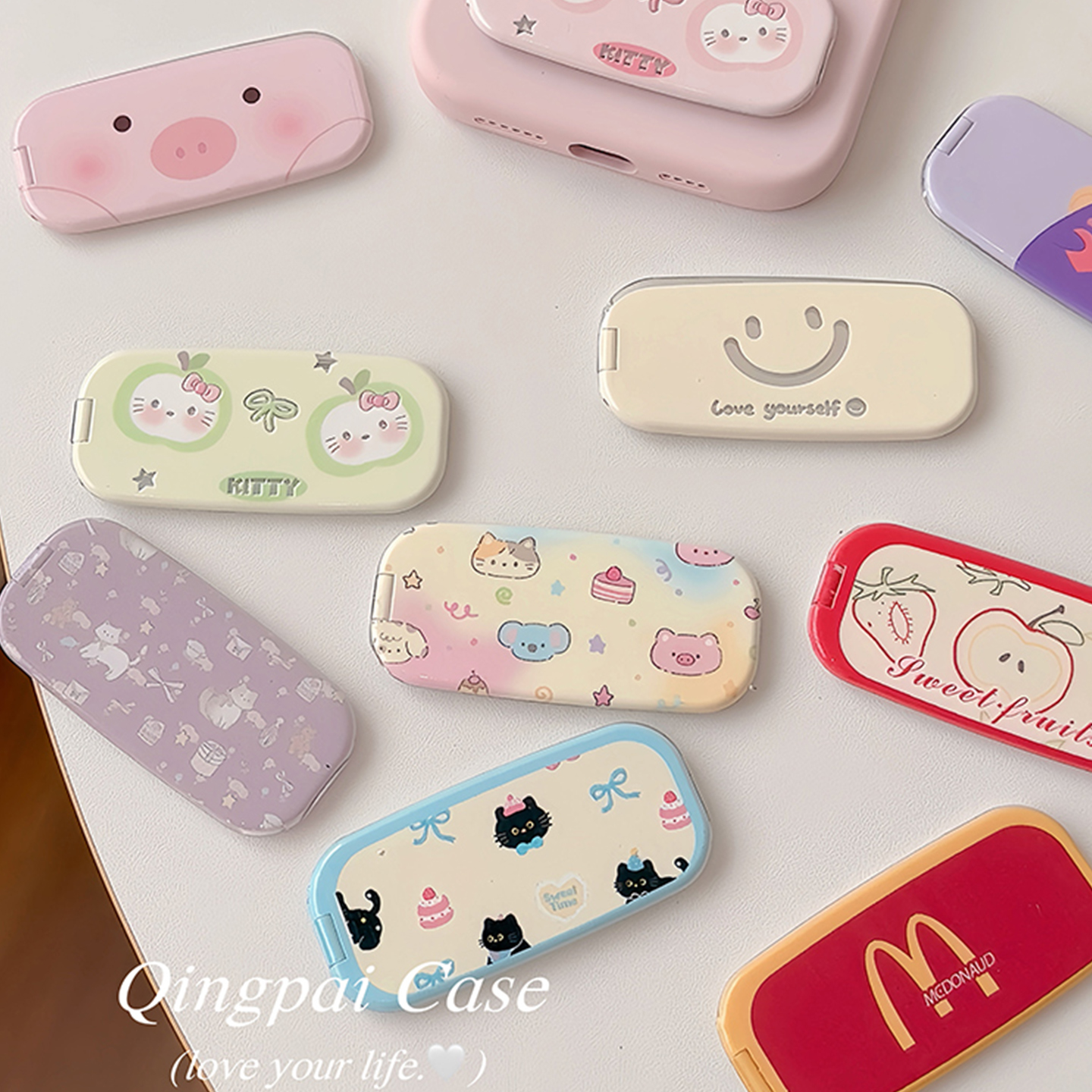 轻派折叠镜子日韩风卡通图案手机支架折叠隐形桌面新款粘贴式追剧