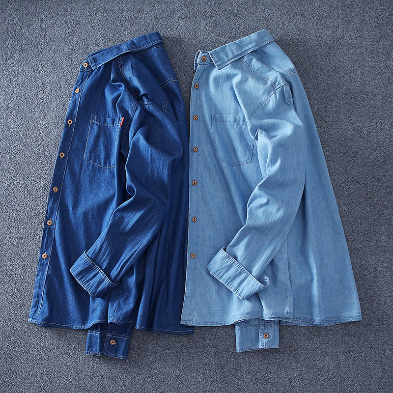胖子纯棉牛仔长袖衬衫男春秋季加肥加大码男装休闲衬衣肥佬薄上衣