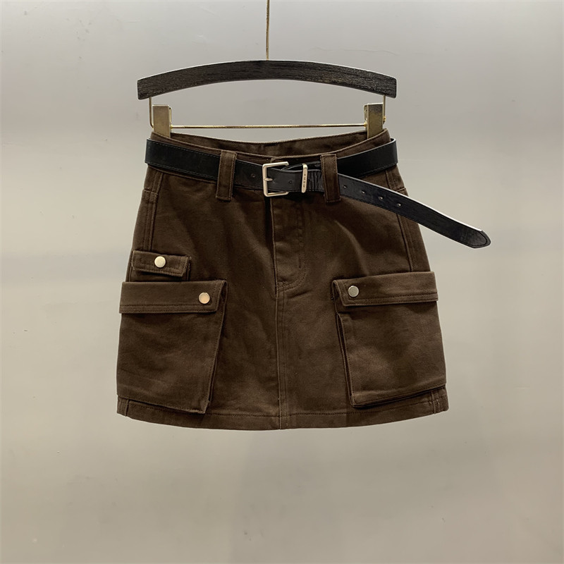 复古咖啡色大口袋工装牛仔短裙女