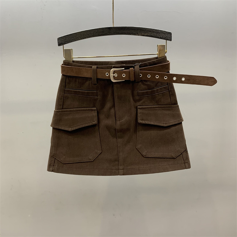 大口袋工装牛仔半身裙女A字短裙
