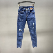 欧货2026春季 女蓝色高腰紧身九分铅笔裤 新款 假破洞休闲小脚牛仔裤