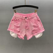 辣妹热裤 破洞毛边口袋外漏牛仔短裤 高腰a字阔腿裤 新款 女2026夏季