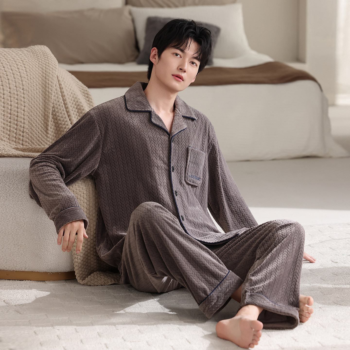 海岛绒睡衣男款冬季长袖保暖薄款