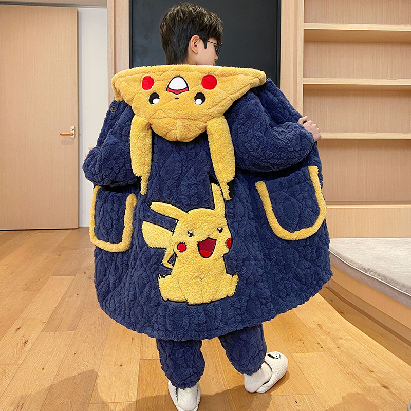 男童睡衣秋冬季2025新款加绒加厚三层夹棉儿童珊瑚男孩冬款睡袍浴