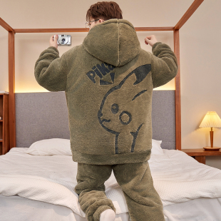 冬天卡通法兰绒家居服套装 睡衣珊瑚绒加绒加厚青少年大码 男士 冬季