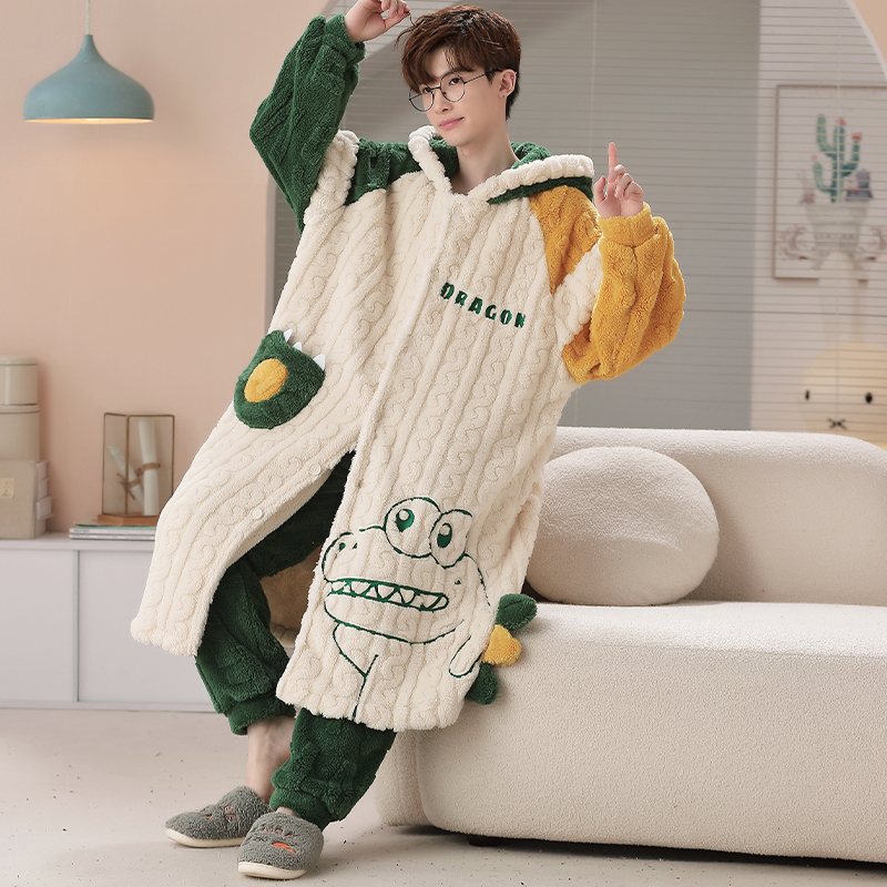 睡衣男秋冬季珊瑚绒加厚睡袍套装