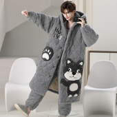 男士 青少年家居服套装 睡衣秋冬季 珊瑚绒三层夹棉加厚加绒睡袍长款