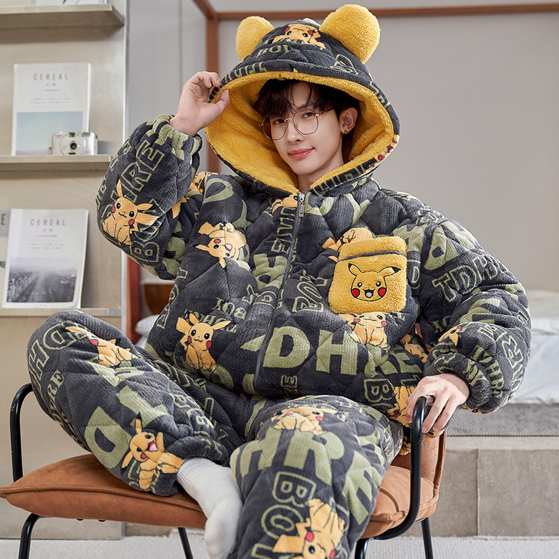 男士睡衣冬季加厚珊瑚绒三层夹棉