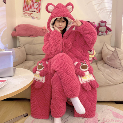珊瑚绒睡袍女冬季三层夹棉加绒