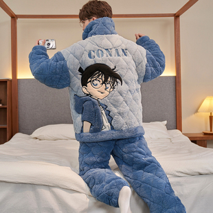 睡衣男秋冬季珊瑚绒三层夹棉加厚加绒湖南省服青少年高中生家居服