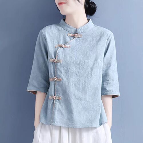 中式禅意茶服女夏季汉服改良旗袍复古棉麻唐装盘扣上衣中国风女装