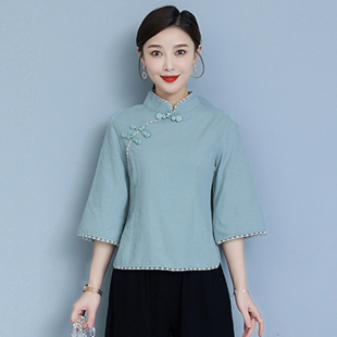 中国风汉服改良旗袍式唐装上衣禅意采耳工作服禅修棉麻茶服两件套