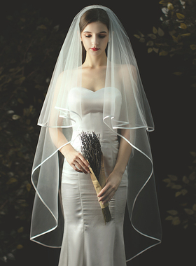 韩式简约新款新娘结婚婚纱头纱 绸缎包边 婚纱礼服头饰配件