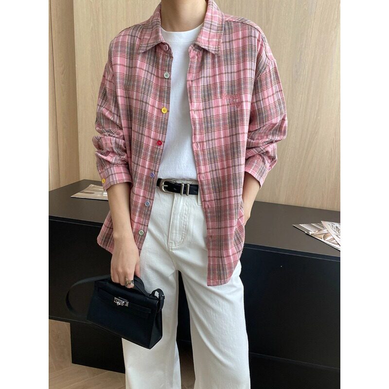 司南 早秋新款 美式彩色纽扣设计感宽松全棉格纹长袖衬衫 SN7708