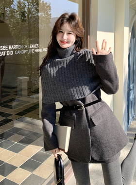 韩系针织围脖披肩羽绒内胆V领西装套裙配腰带2C233-850-P305-K459