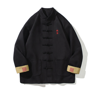M08P130中式复古麂皮绒刺绣风盘扣潮印花唐装汉服夹克外套图片