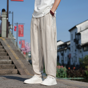 K46P105夏季薄款天丝亚麻裤子男小脚开衩阔腿宽松休闲长裤 麻本色图片