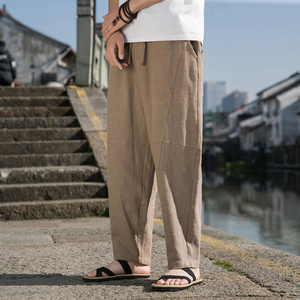 K33P75春夏日系复古棉麻立体剪裁大码风宽松小脚休闲裤男驼色图片