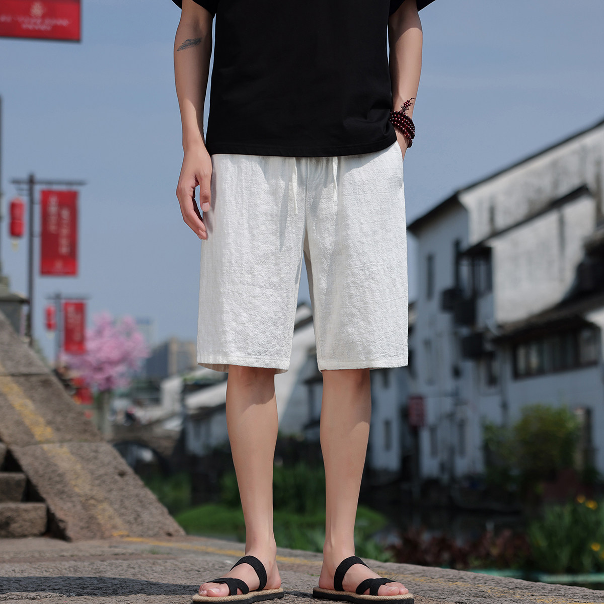 K43P60风夏季五分裤直筒休闲运动短裤棉麻宽松大码亚麻裤,男装牛仔裤,星座704A（原B229A）