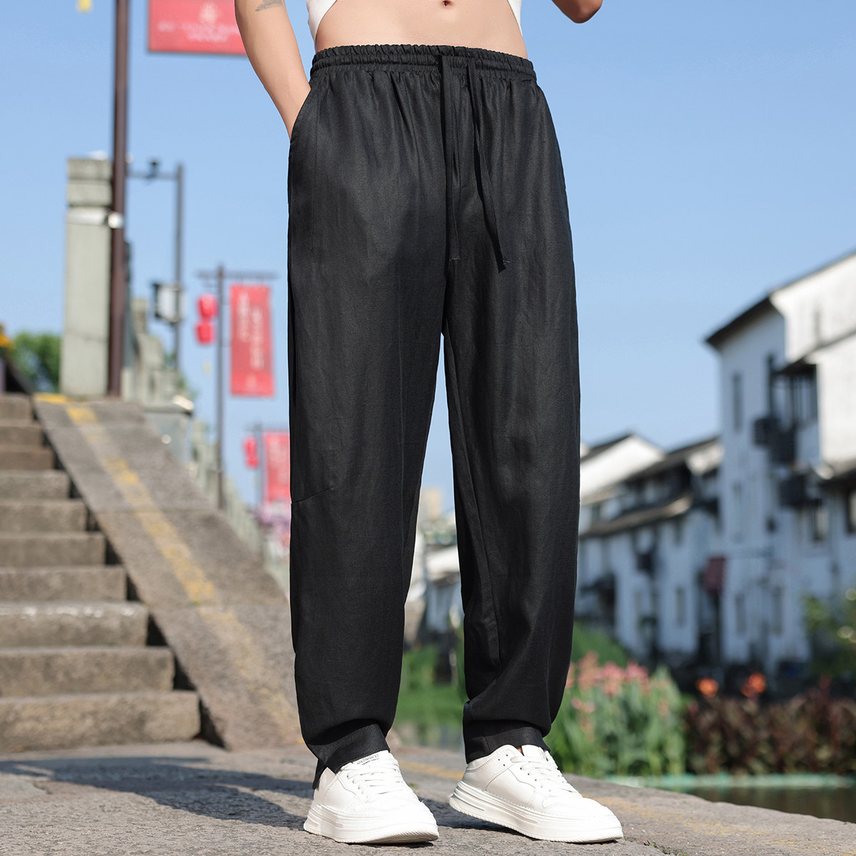 K46P105夏季薄款天丝亚麻裤子男小脚开衩阔腿宽松休闲长裤黑色,男装休闲裤,星座704A（原B229A）