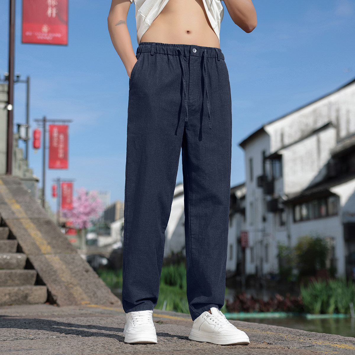 K45P75风夏季长裤直筒休闲棉麻宽松大码亚麻裤黑色图片