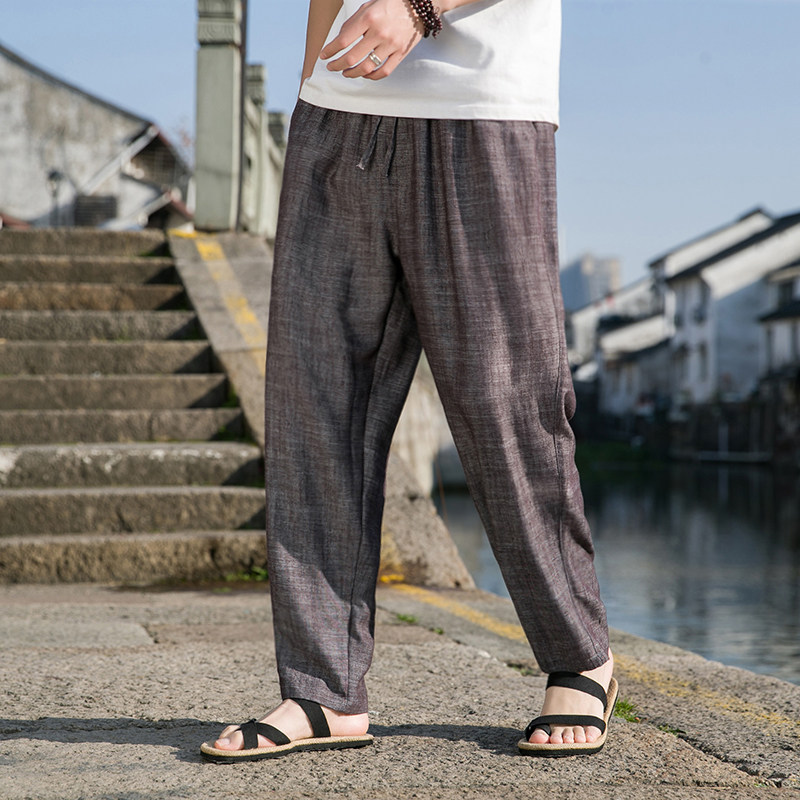 K40P75纯色简约夏季薄款亚麻裤子男棉麻料小直筒休闲裤风,男装休闲裤,星座704A（原B229A）