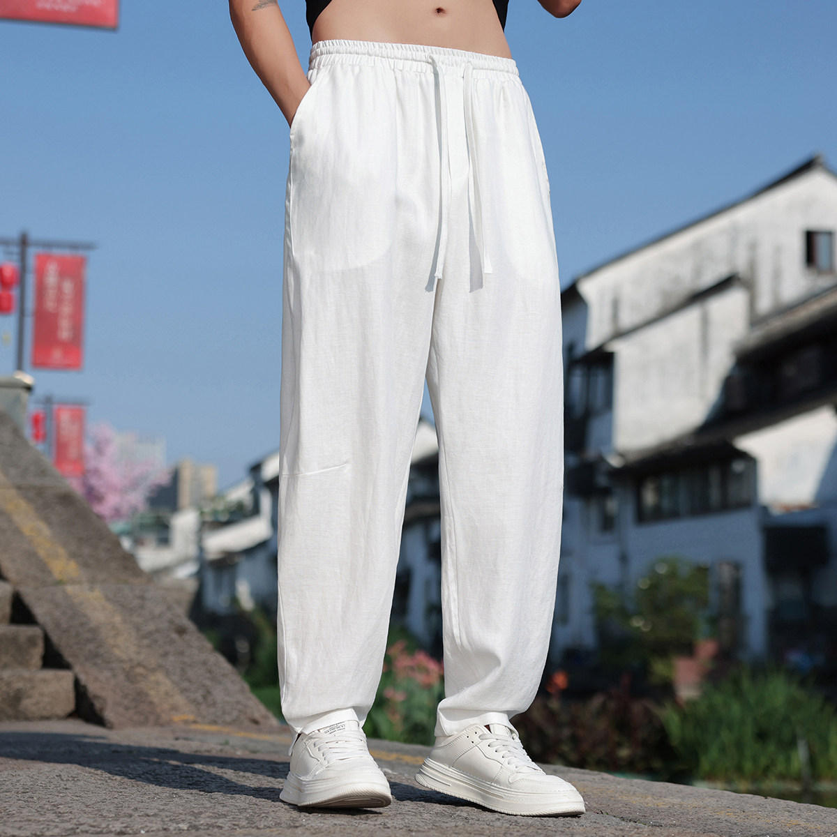 K46P105夏季薄款天丝亚麻裤子男小脚开衩阔腿宽松休闲长裤,男装休闲裤,星座704A（原B229A）