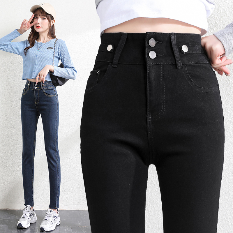 Real shot super high waist jeans women show thin show high new black tight small foot breasted nine point pencil pants
