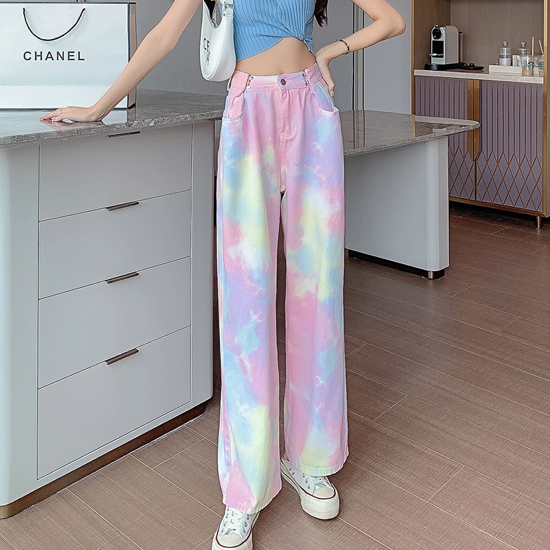 Real shot high street tie dye fried Street rainbow button up wide leg jeans women's straight casual pants mop pants fashion