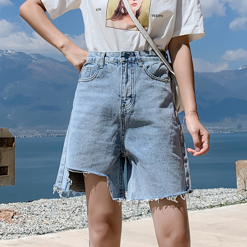 Real shooting 5-point denim shorts women's middle pants high waist loose blue hole straight riding pants