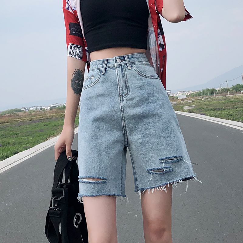 Real shot of perforated denim shorts women's high waist new women's wear five point wide leg women's pants loose and thin